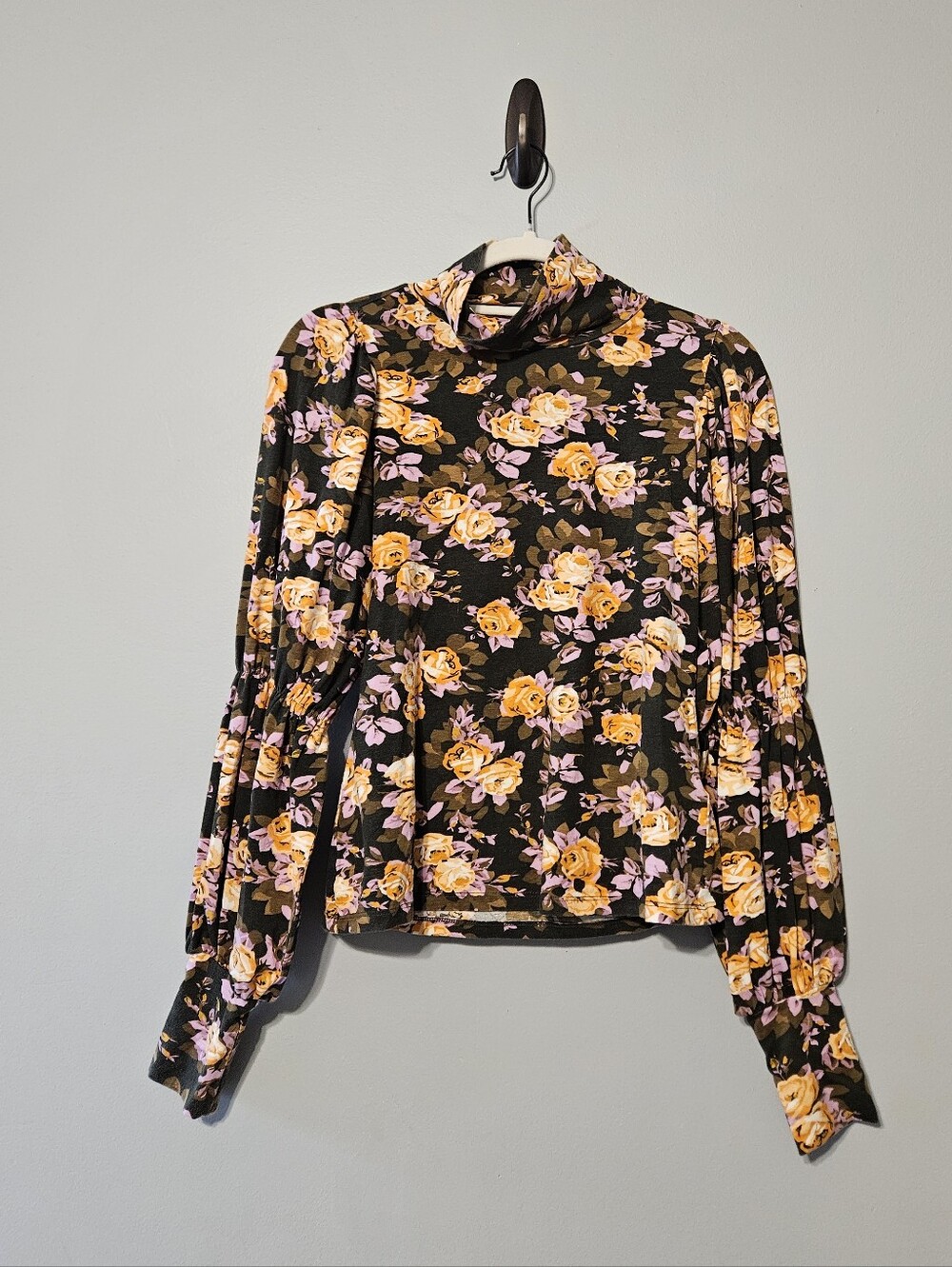 Anthropologie Black Mock Neck Long Sleeve Top with Yellow and Pink Floral Print
